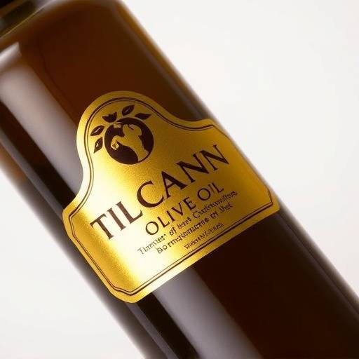 Bottiglia di olio extra vergine d'oliva toscano con etichetta dorata