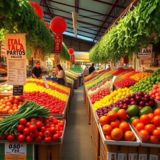 Immagine di sfondo di un mercato italiano vivace con prodotti freschi e artigianali