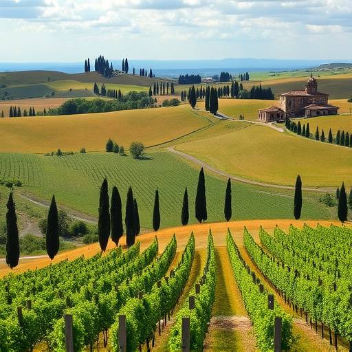 Panorama delle colline toscane con vigneti e cipressi