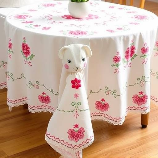 Tovaglia ricamata a mano con motivi floreali, realizzata in Calabria