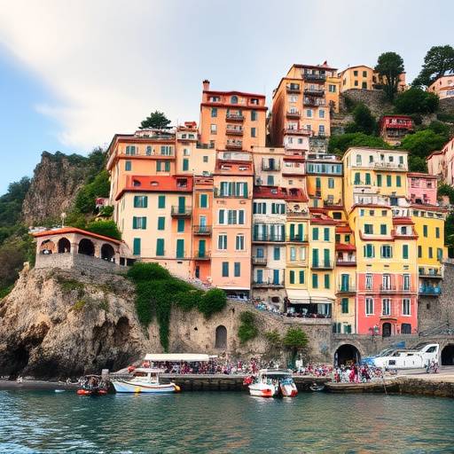 Veduta della Costiera Amalfitana con case colorate a picco sul mare